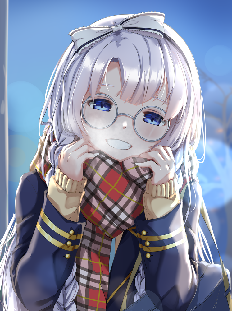 1girl adjusting_scarf as4gi azur_lane bag bangs blazer blue_eyes blue_jacket blunt_bangs blurry blurry_background bow braid breath cardigan edinburgh_(azur_lane) edinburgh_(the_library_fairy)_(azur_lane) glasses grey-framed_eyewear grey_hair grin hair_bow jacket long_hair long_sleeves looking_at_viewer plaid plaid_scarf red_scarf scarf school_bag school_uniform smile solo upper_body white_bow white_nails