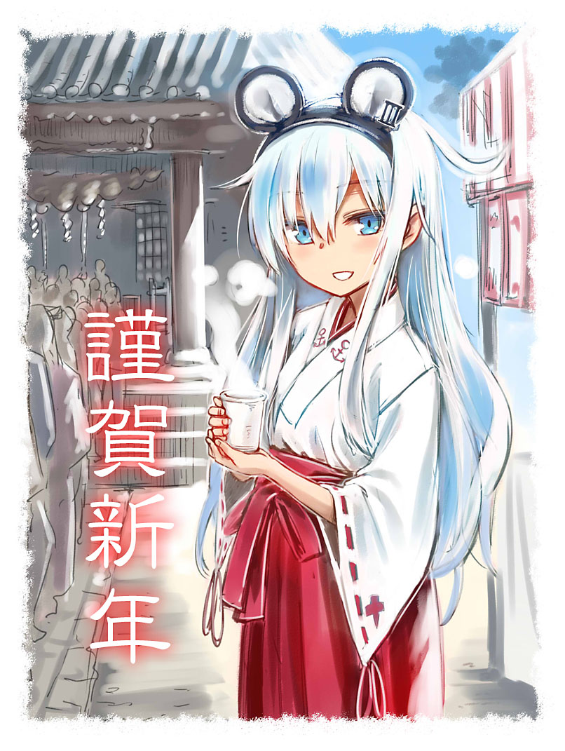 1girl animal_ears blue_eyes blue_hair blush border commentary_request cup fake_animal_ears hair_between_eyes hakama hakama_skirt happy_new_year hibiki_(kancolle) holding holding_cup japanese_clothes kantai_collection kimono light_blue_hair long_hair looking_at_viewer misato_(3_5_7) mouse_ears open_mouth outdoors redhead shrine sketch skirt smile steam white_border white_kimono wide_sleeves