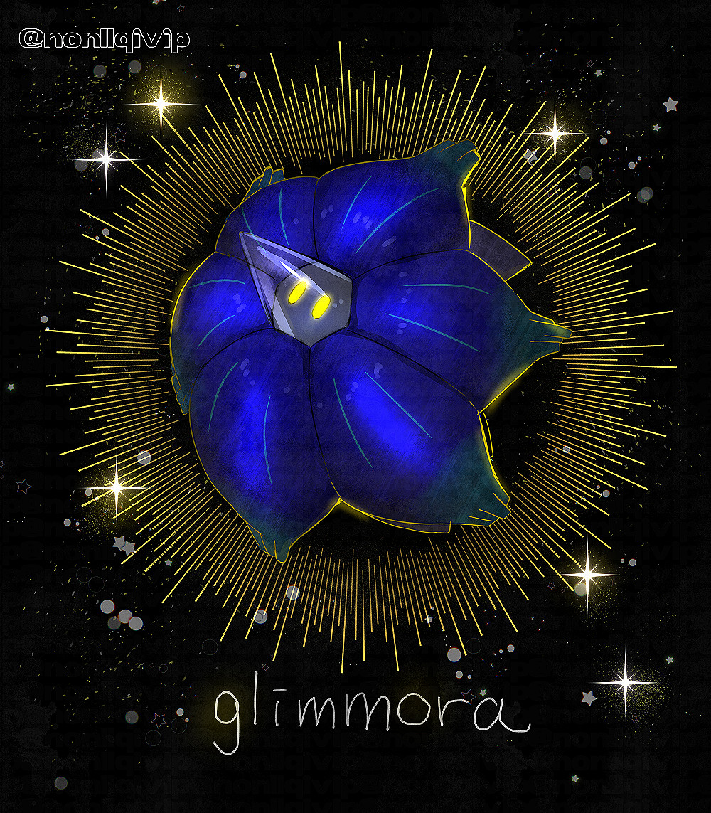 black_background character_name commentary_request full_body glimmora glowing glowing_eyes no_humans pokemon pokemon_(creature) solo sparkle star_(symbol) yamanashi_taiki yellow_eyes