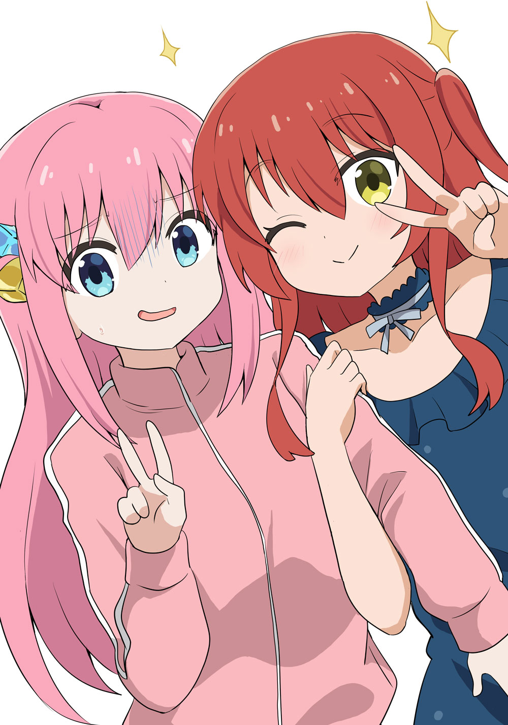 2girls ;) bangs blue_dress blue_eyes bocchi_the_rock! collarbone commentary_request cube_hair_ornament dress dutch_angle gotou_hitori green_eyes hair_between_eyes hair_ornament hands_up highres jacket kita_ikuyo locked_arms long_hair long_sleeves looking_at_viewer massala multiple_girls nervous_smile one_eye_closed one_side_up pink_hair pink_jacket redhead simple_background smile sparkle track_jacket turn_pale v very_long_hair white_background