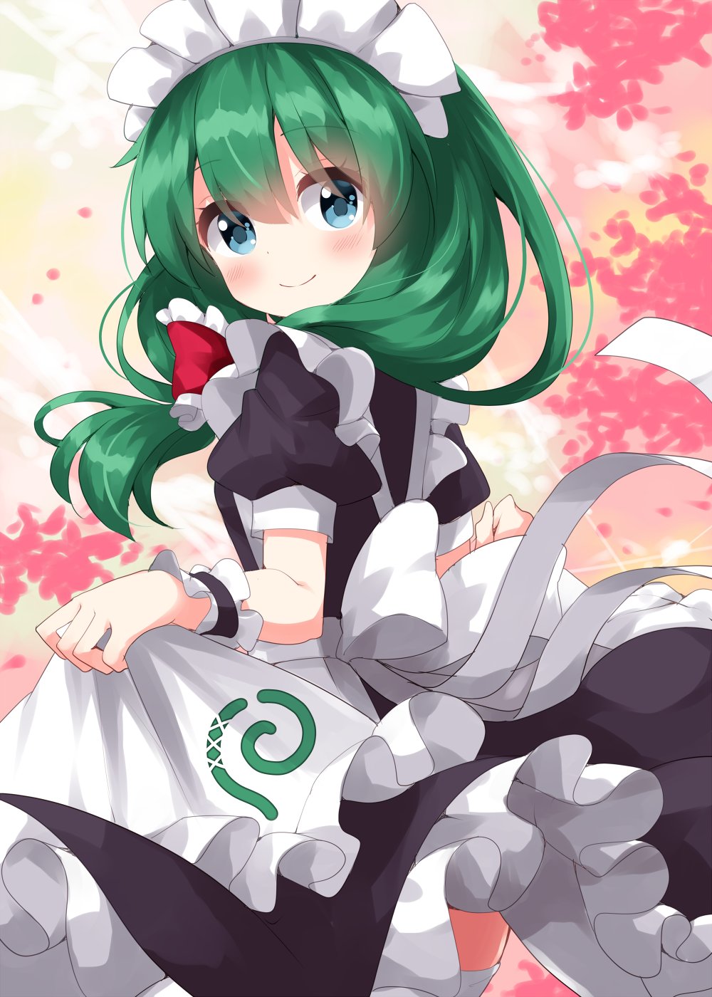 1girl alternate_costume apron back back_bow black_dress blue_eyes blush bow closed_mouth dress enmaided frills from_behind gradient_background green_background green_hair hair_bow hands_up highres kagiyama_hina long_hair looking_away looking_back maid maid_headdress multicolored_background one-hour_drawing_challenge orange_background petals pink_background puffy_short_sleeves puffy_sleeves red_bow ruu_(tksymkw) short_sleeves smile solo standing touhou white_apron white_bow wrist_cuffs yellow_background