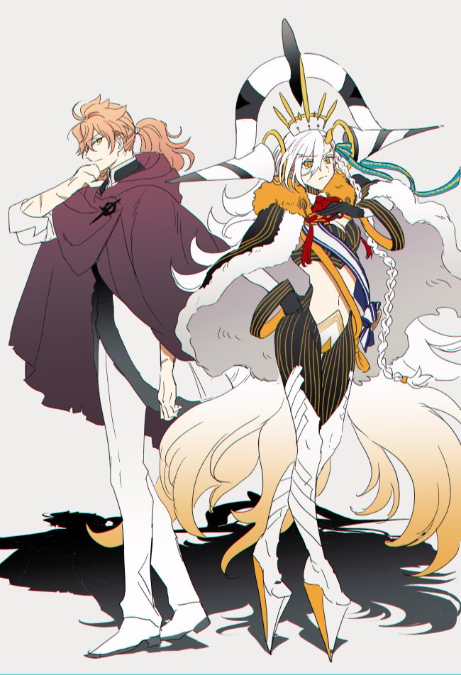 1boy 1girl ascot bangs black_cape black_gloves blonde_hair brown_cloak cape cloak closed_mouth commentary_request detached_collar fate/grand_order fate_(series) full_body fur-trimmed_cape fur_trim gloves goetia_(fate) gradient_hair grey_background hair_between_eyes hair_ornament hand_on_hip hand_on_own_chest hood hood_down hooded_cloak horns kukura long_hair looking_at_viewer multicolored_hair navel olga_marie_animusphere orange_hair pants ponytail profile red_ascot romani_archaman shadow simple_background single_horn stomach two-tone_hair u-olga_marie very_long_hair white_hair white_pants yellow_eyes yellow_horns