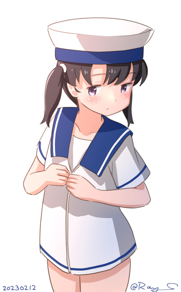 1girl black_hair blue_collar collar cowboy_shot dated dress dressing hat kantai_collection looking_at_viewer one-hour_drawing_challenge ray.s sailor_dress sailor_hat short_hair short_sleeves shounan_(kancolle) simple_background solo twintails twitter_username violet_eyes white_background white_dress white_headwear
