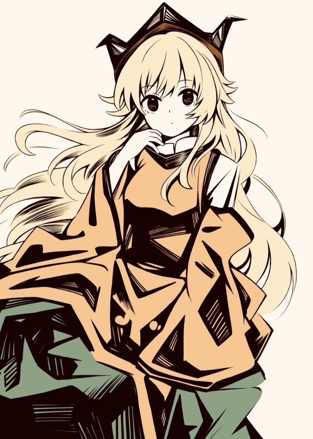 1341398tkrtr 1girl bangs blonde_hair closed_mouth green_skirt hat highres long_hair long_sleeves looking_at_viewer matara_okina simple_background skirt solo tabard touhou tricorne yellow_background