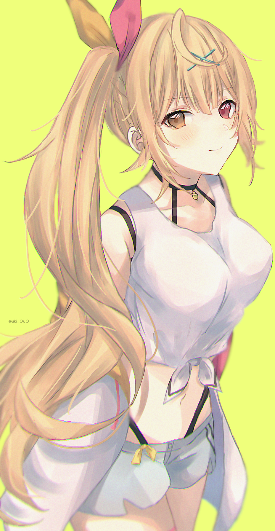 1girl ahoge artist_name bangs bare_shoulders black_choker black_panties blonde_hair blush breasts choker grey_shorts hair_ornament hair_ribbon heterochromia highleg highleg_panties highres hoshikawa_sara jacket large_breasts light_blush long_hair looking_at_viewer navel nijisanji orange_ribbon panties red_eyes red_ribbon ribbon shirt short_shorts shorts side_ponytail sidelocks sleeves_past_wrists smile solo tank_top thighs tied_shirt underwear virtual_youtuber white_jacket white_shirt x_hair_ornament yellow_background yellow_eyes yuxi