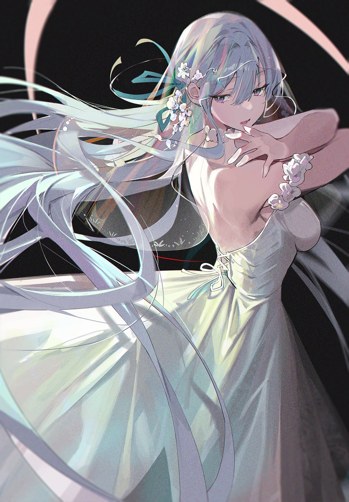 1girl aqua_ribbon armlet backless_dress backless_outfit bangs bare_shoulders black_background blue_eyes breasts bridal_veil bride buri_(retty9349) dress feet_out_of_frame flower hair_flower hair_ornament hair_ribbon highres long_dress long_hair looking_back medium_breasts open_mouth original ribbon sidelocks simple_background solo standing veil white_dress white_flower white_hair
