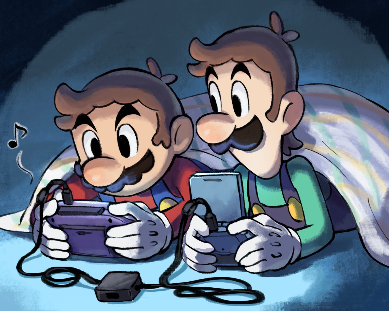 2boys black_eyes blue_overalls brothers brown_hair eighth_note facial_hair game_boy_advance game_boy_advance_sp gloves green_shirt handheld_game_console holding holding_handheld_game_console long_sleeves luigi lying male_focus mario multiple_boys musical_note mustache no_headwear on_stomach overalls red_shirt shirt short_hair siblings super_mario_bros. under_covers upper_body very_short_hair white_gloves ya_mari_6363