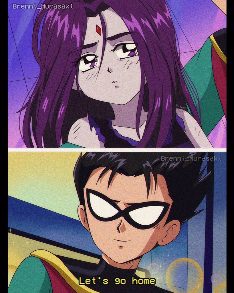 1990s_(style) 1boy 1girl animification bare_shoulders black_hair brenni_murasaki carrying closed_mouth dc_comics derivative_work english_text forehead_jewel mask medium_hair pale_skin parted_lips princess_carry purple_hair raven_(dc) retro_artstyle robin_(dc) screencap_redraw smile subtitled teen_titans violet_eyes