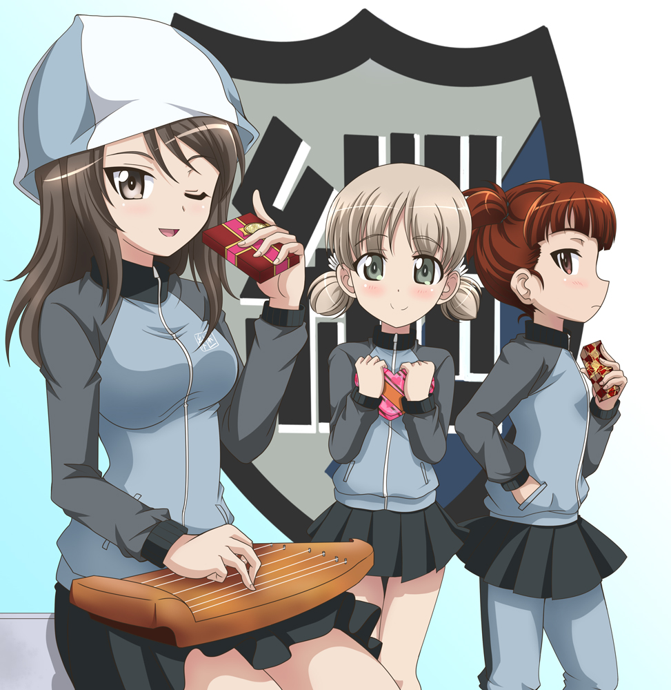 3girls aki_(girls_und_panzer) bangs blue_headwear blue_jacket blue_pants blue_skirt blunt_bangs blush box brown_eyes brown_hair closed_mouth commentary emblem frown gift girls_und_panzer green_eyes hair_tie hand_in_pocket hanzou hat heart-shaped_box holding holding_gift holding_instrument instrument jacket kantele keizoku_(emblem) keizoku_military_uniform light_brown_hair long_hair long_sleeves looking_at_viewer low_twintails mika_(girls_und_panzer) mikko_(girls_und_panzer) military military_uniform miniskirt multiple_girls music one_eye_closed open_mouth pants pants_under_skirt playing_instrument pleated_skirt raglan_sleeves red_eyes redhead short_hair short_twintails sitting skirt smile standing track_jacket track_pants tulip_hat twintails uniform valentine
