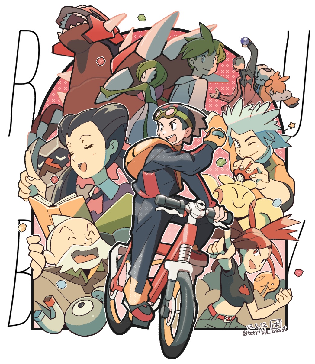 2girls 5boys :d ^_^ arm_up backpack bag beanie beard bicycle book border brendan_(pokemon) camerupt closed_eyes commentary_request dated eyelashes facial_hair flannery_(pokemon) gardevoir gloves green_hair groudon ground_vehicle hand_up hat highres holding holding_poke_ball index_finger_raised jacket logo long_sleeves magnemite makuhita maxie_(pokemon) multiple_boys multiple_girls nosepass open_mouth pants pointing poke_ball poke_ball_(basic) pokemon pokemon_(game) pokemon_rse redhead riding riding_bicycle roxanne_(pokemon) shirt short_hair short_sleeves smile smoke star_(symbol) team_magma terrible_burst torkoal twintails wally_(pokemon) wattson_(apex_legends) white_border