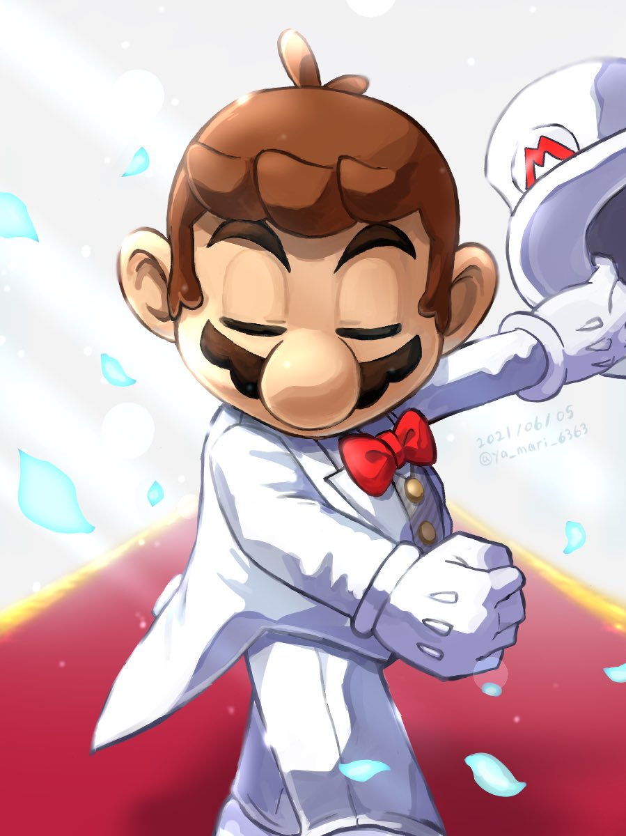 1boy bow bowtie brown_hair closed_eyes facial_hair formal gloves hat highres indoors jacket mario mustache official_alternate_costume pants petals red_bow red_bowtie short_hair suit super_mario_bros. super_mario_odyssey top_hat white_gloves white_jacket white_pants white_suit ya_mari_6363