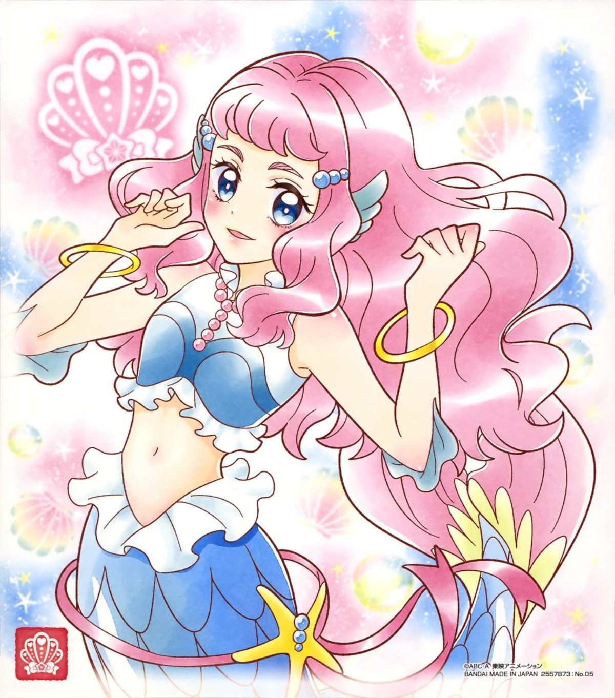 1girl blue_eyes blush bracelet head_fins highres jewelry laura_la_mer long_hair mermaid midriff monster_girl official_art pearl_hair_ornament pink_hair precure solo third-party_source tropical-rouge!_precure