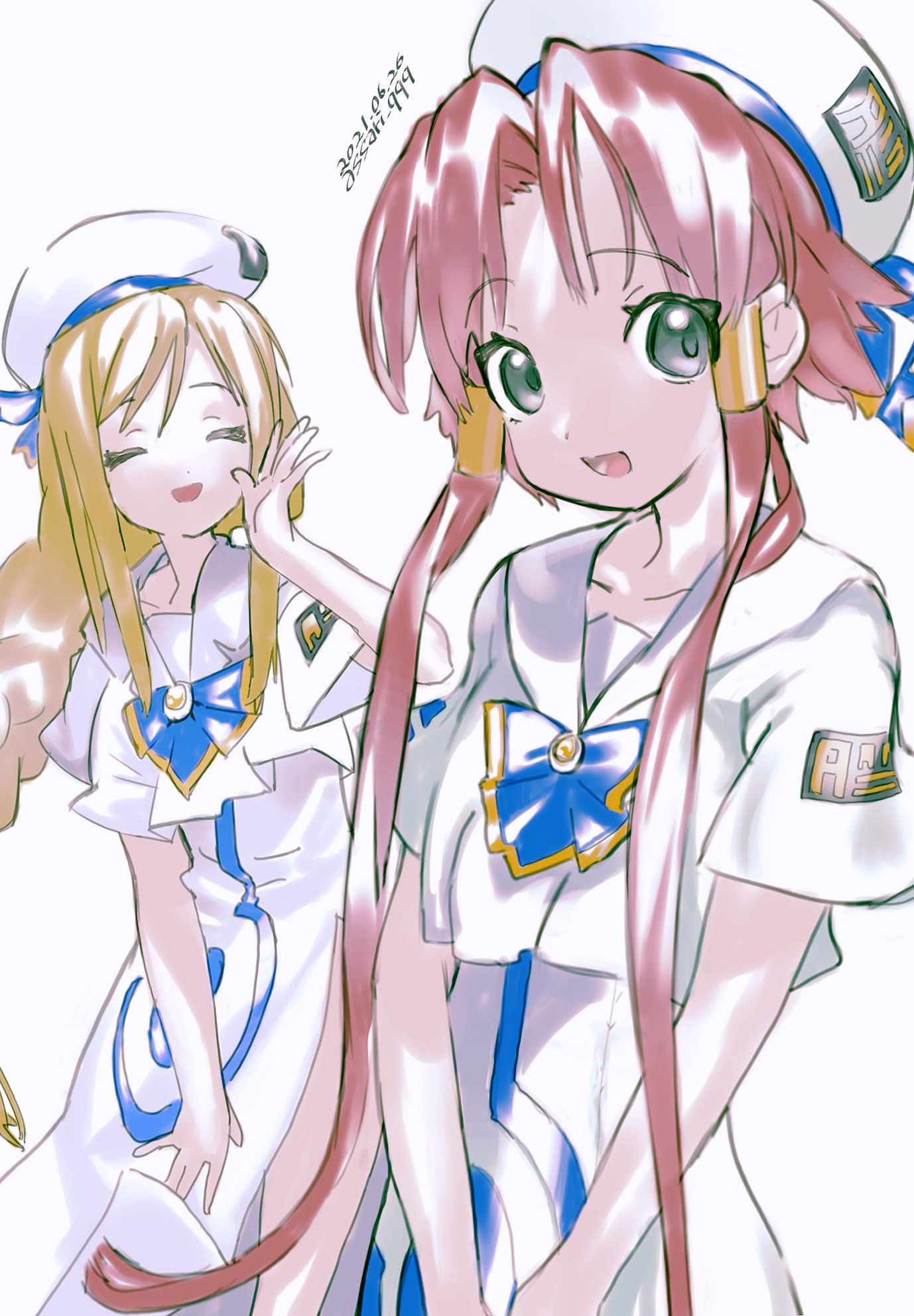 2girls alicia_florence aria aria_company_uniform assari_qqq bangs blonde_hair blue_bow bow closed_eyes dated hair_tubes highres long_hair looking_at_viewer mizunashi_akari multiple_girls open_mouth parted_bangs pink_hair short_sleeves signature simple_background smile white_background white_headwear