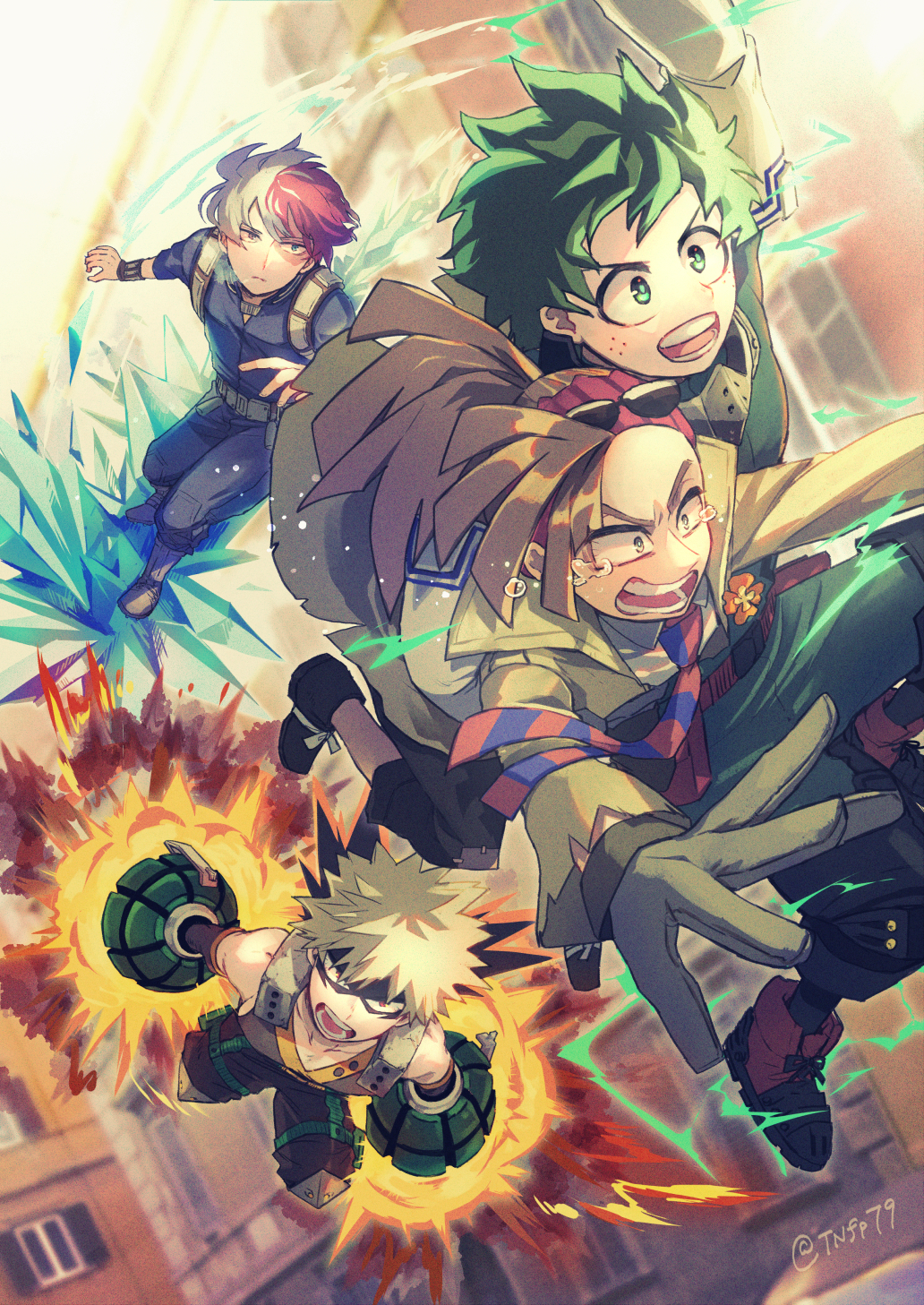 4boys :d arm_up baggy_pants bakugou_katsuki bandana bangs bare_shoulders belt belt_pouch black\footwear black_mask black_pants black_tank_top blonde_hair blue_eyes blurry blurry_background bodysuit boku_no_hero_academia bright_pupils brown_hair building burn_scar carrying carrying_person carrying_under_arm closed_mouth collared_shirt commentary_request cross-laced_footwear crying cryokinesis dated_commentary detached_sleeves electricity eye_mask eyewear_on_head film_grain floating_hair flower flying flying_teardrops foreshortening freckles frown furrowed_brow gloves green_bodysuit green_eyes green_hair green_pupils grey_eyes grey_gloves hands_up headgear heterochromia high_collar highres ice jacket jumping knee_pads looking_ahead looking_at_another male_focus midair midoriya_izuku multicolored_hair multiple_boys necktie open_mouth orange_flower outdoors outstretched_arm outstretched_arms pants partial_commentary patch pouch red_bandana red_eyes redhead riding rody_soul sanpaku scar scar_on_face scared shirt short_hair sleeveless smile spiky_hair split-color_hair split_mouth striped_necktie sunglasses tank_top tannoci todoroki_shouto twitter_username two-tone_hair utility_belt v-neck v-shaped_eyebrows white_hair white_pupils