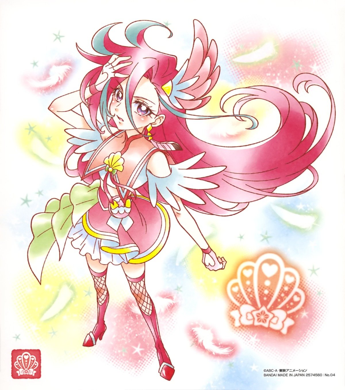 1girl blue_hair blush cure_flamingo earrings feather_earrings feathers fingerless_gloves full_body gloves highres jewelry long_hair magical_girl multicolored_hair official_art precure red_footwear red_sailor_collar redhead sailor_collar shell_brooch solo standing streaked_hair takizawa_asuka third-party_source tropical-rouge!_precure violet_eyes white_gloves