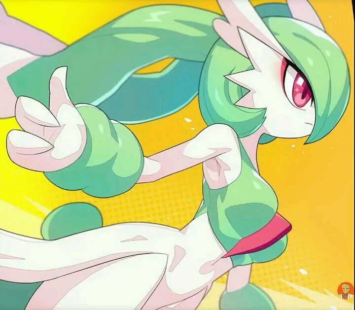 1girl animal_ears armpits breasts closed_mouth cowboy_shot dutch_angle gardevoir green_hair isaac lopevoir lopunny medium_breasts medium_hair non-web_source outstretched_arms pokemon pokemon_(creature) rabbit_ears red_eyes self-upload solo source_request yellow_background