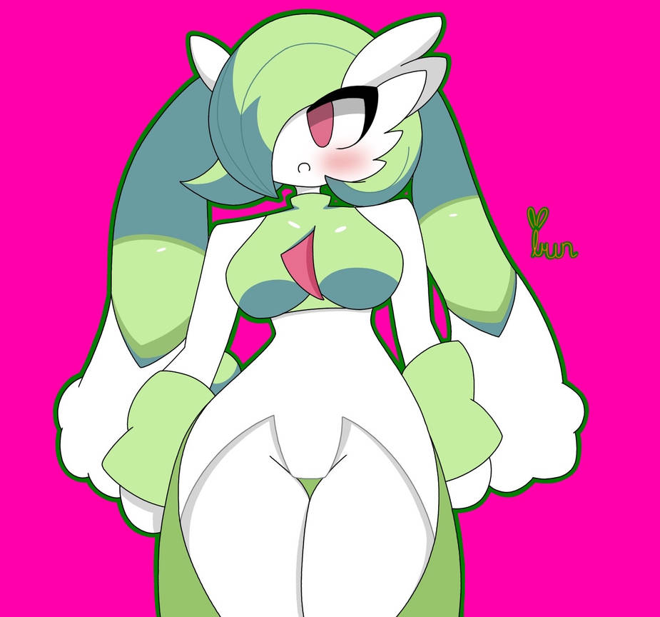 1girl blush breasts cowboy_shot gardevoir green_hair hair_over_one_eye isaac looking_at_viewer lopevoir lopunny medium_breasts medium_hair non-web_source pink_background pokemon pokemon_(creature) red_eyes self-upload simple_background solo source_request