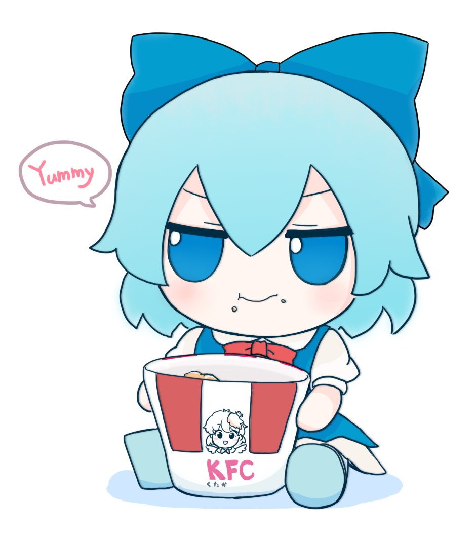 1girl bangs blue_bow blue_dress blue_eyes blue_footwear blue_hair blush bow bowtie bucket character_doll character_print chibi chicken_nuggets cirno closed_mouth collared_shirt doll dress english_text food food_on_face fumo_(doll) glasses hair_between_eyes looking_to_the_side multicolored_hair no_wings puffy_short_sleeves puffy_sleeves red_bow red_bowtie rei_(tonbo0430) shirt shoes short_hair short_sleeves simple_background sitting smile solo speech_bubble touhou two-tone_hair v-shaped_eyebrows white_background white_shirt wings