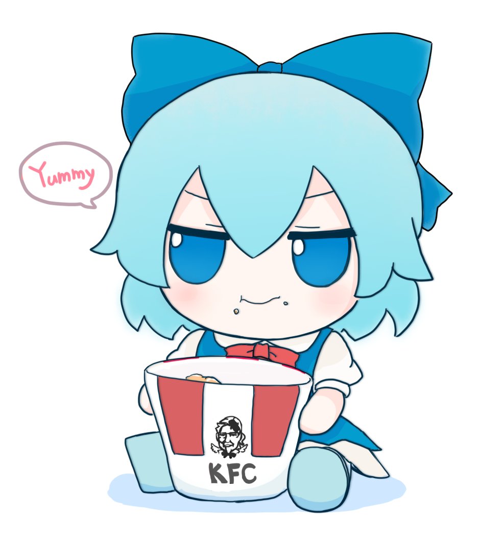1girl bangs blue_bow blue_dress blue_eyes blue_footwear blue_hair blush bow bowtie bucket character_doll character_print chibi chicken_nuggets cirno closed_mouth collared_shirt doll dress english_text food food_on_face fumo_(doll) glasses hair_between_eyes kfc looking_to_the_side multicolored_hair niwatari_kutaka no_wings puffy_short_sleeves puffy_sleeves red_bow red_bowtie rei_(tonbo0430) shirt shoes short_hair short_sleeves simple_background sitting smile solo speech_bubble touhou two-tone_hair v-shaped_eyebrows white_background white_shirt wings