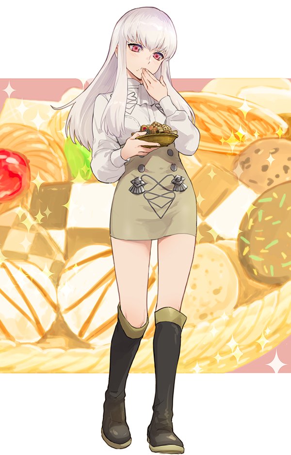 1girl ascot bangs black_footwear blush boots brown_skirt buttons commentary_request eating fire_emblem fire_emblem:_three_houses food food_on_face full_body garreg_mach_monastery_uniform hand_on_own_face high-waist_skirt holding holding_food isa_(peien516) long_hair long_sleeves looking_at_viewer lysithea_von_ordelia pink_eyes shirt skirt solo uniform white_ascot white_hair white_shirt