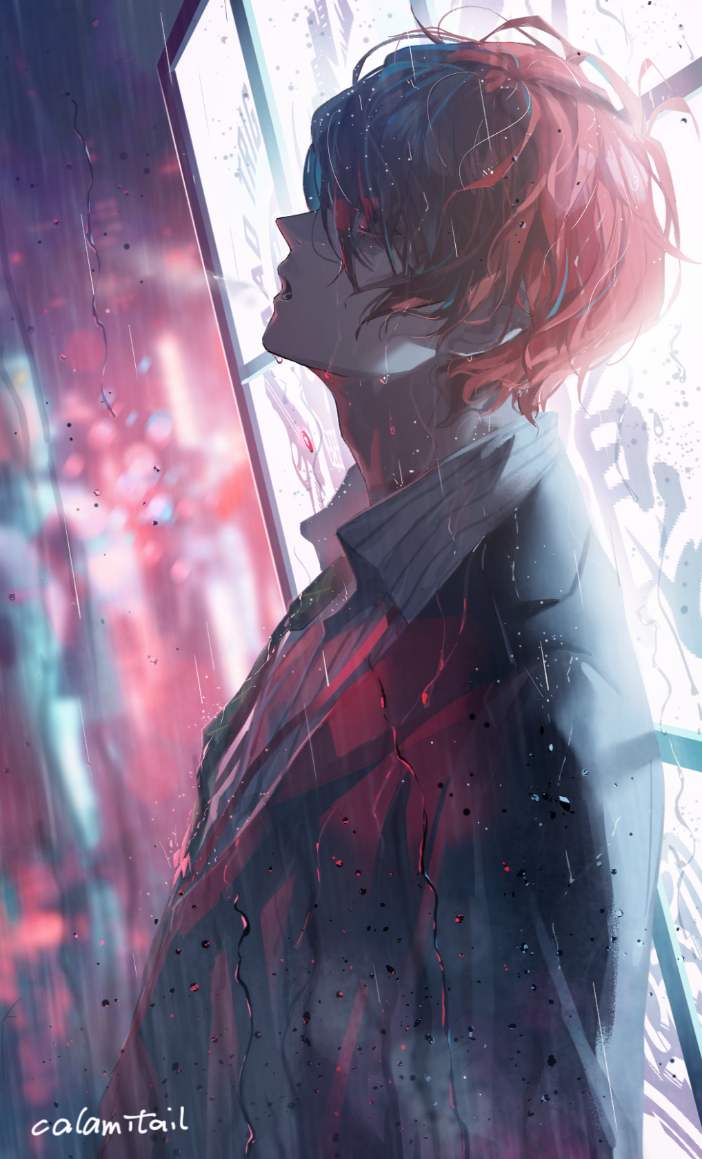 1boy black_jacket calamitail collared_shirt facing_to_the_side green_eyes green_hair highres hypnosis_mic jacket kannonzaka_doppo long_sleeves looking_up male_focus multicolored_hair open_mouth rain redhead shirt short_hair solo white_shirt