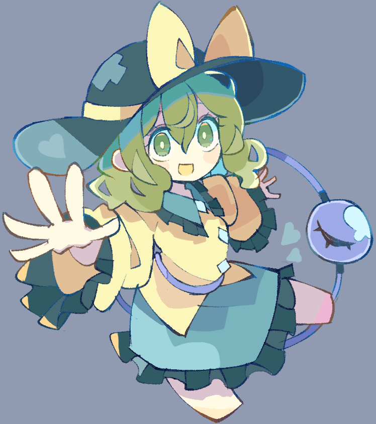 1girl :d baron_(x5qgeh) black_headwear blouse bow bright_pupils buttons commentary cropped_legs diamond_button frilled_shirt_collar frilled_skirt frilled_sleeves frills green_eyes green_hair green_skirt grey_background hair_between_eyes hat hat_bow komeiji_koishi long_sleeves looking_at_viewer medium_hair open_mouth shirt simple_background skirt smile solo third_eye touhou white_pupils wide_sleeves yellow_bow yellow_shirt