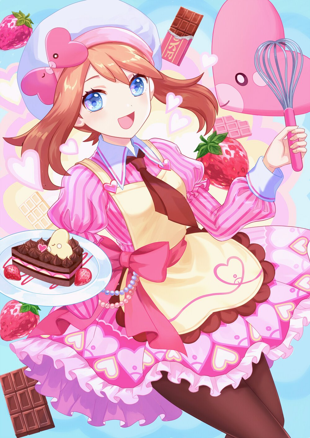 1girl alternate_costume apron blue_eyes cake candy chocolate chocolate_bar dress food fruit hat heart highres holding holding_plate light_brown_hair looking_at_viewer luvdisc may_(pokemon) necktie open_mouth pink_dress plate pokemon pokemon_(creature) pokemon_(game) pokemon_oras smile strawberry tsu_(md_tsune) whisk white_headwear