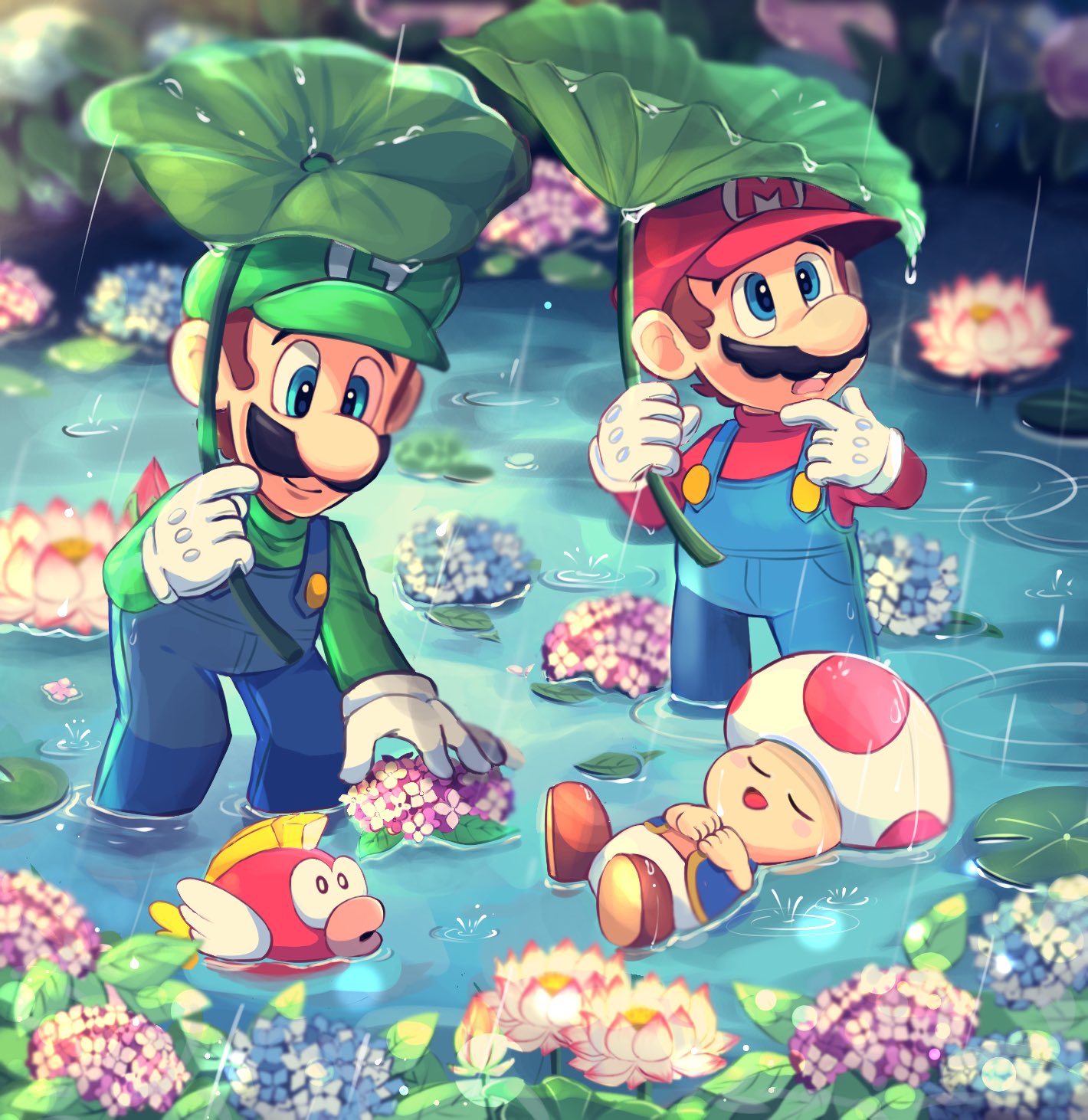3boys animal blue_eyes blue_overalls boots brothers brown_footwear brown_hair cheep_cheep closed_eyes facial_hair fish flower gloves green_headwear green_shirt hand_on_own_chin hat highres hiyashimeso hydrangea leaf lotus luigi mario multiple_boys mustache open_mouth outdoors overalls rain red_headwear red_shirt shirt short_hair siblings super_mario_bros. teeth toad_(mario) vest water white_gloves