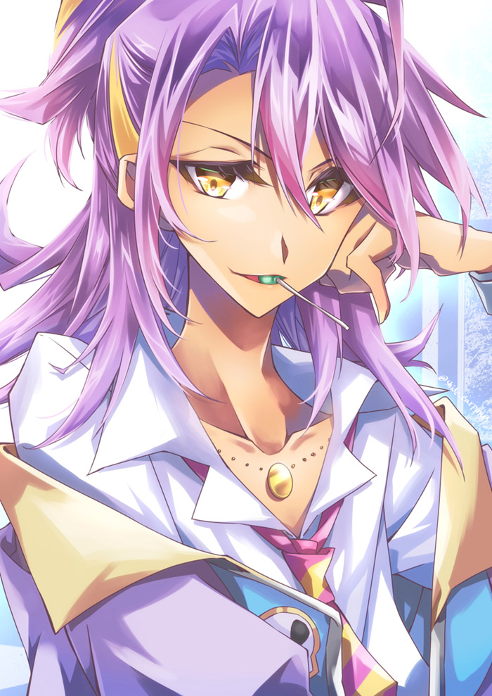 1boy bracelet cygames food gold hand_on_own_face hazeura_haruma_(shadowverse_flame) jacket jewelry long_hair necklace necktie open_clothes open_jacket purple_hair shadowverse shadowverse_(anime) shadowverse_flame shide13102 shirt simple_background skull smirk sweets white_shirt wrinkled_fabric yellow_eyes