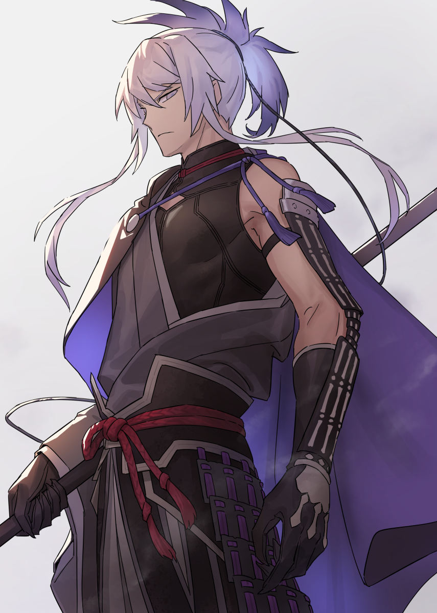 1boy armor bad_link bangs belt black_gloves character_request chorefuji closed_mouth commentary_request from_below frown gloves grey_eyes grey_hair highres holding long_hair looking_at_viewer looking_down male_focus red_belt rope_belt shoulder_cape sidelocks solo touken_ranbu white_background