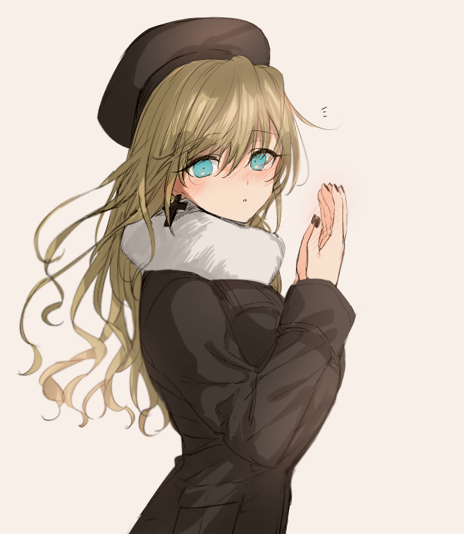 1girl :o alice_lendrott aqua_eyes bangs beret black_coat black_headwear black_nails blonde_hair blue_eyes blush breath coat cold cross cross_earrings ear_blush earrings from_side hand_blush hands_up hat jewelry long_hair long_sleeves looking_at_viewer looking_to_the_side nail_polish nose_blush scarf shinigami_bocchan_to_kuro_maid shotan simple_background solo upper_body white_background white_scarf winter_clothes
