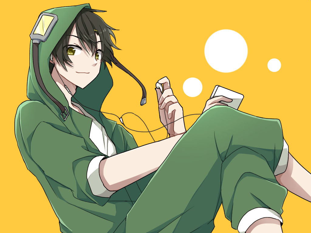 1boy bangs casual circle closed_mouth commentary digital_media_player earphones eyes_visible_through_hair feet_out_of_frame green_hoodie green_pants hair_between_eyes holding holding_digital_media_player holding_earphones hood hood_up hoodie kagerou_project kanako-n-03-04 male_focus mekakucity_actors pants seto_kousuke shirt short_hair simple_background single_earphone_removed sleeves_past_elbows solo t-shirt white_shirt yellow_background yellow_eyes
