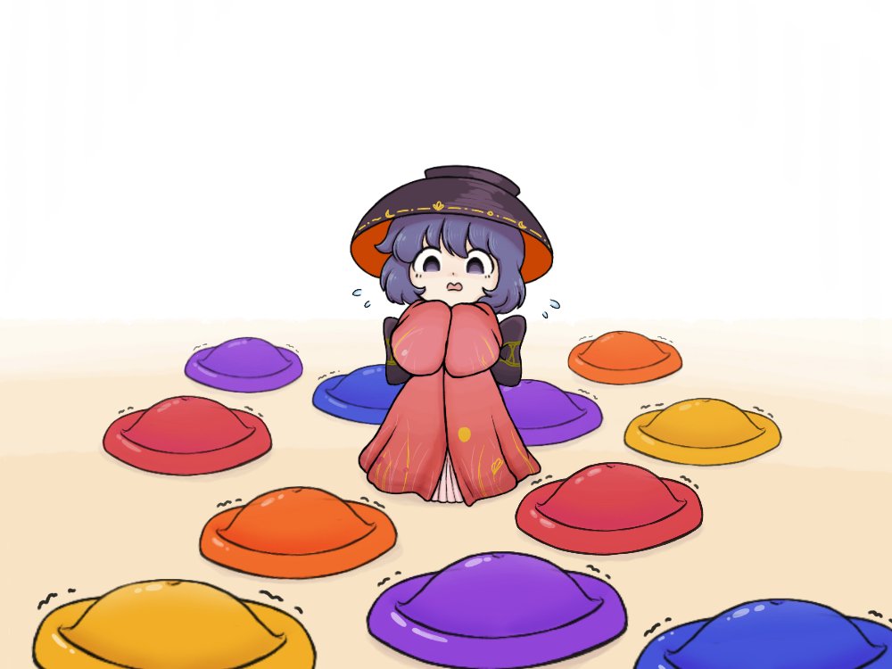 1girl back_bow bow bowl bowl_hat flying_sweatdrops hat japanese_clothes keb00b kimono long_sleeves minigirl open_mouth purple_hair red_kimono short_hair sleeves_past_fingers sleeves_past_wrists solo sukuna_shinmyoumaru touhou toy violet_eyes