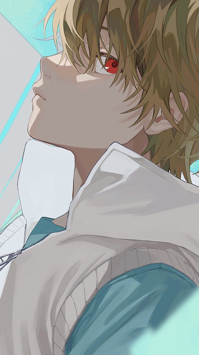 1boy 510_gotoudayo amamiya_hibiya bangs blue_shirt brown_hair closed_mouth from_side frown grey_background highres kagerou_project looking_at_viewer male_focus popped_collar portrait profile red_eyes shirt short_hair sideways_glance solo vest white_vest zipper