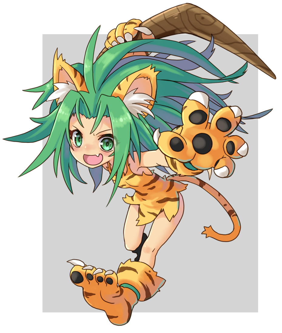 animal_ear_fluff animal_ears animal_feet animal_hands animal_print boomerang border cat_ears cham_cham claws dress fang green_eyes green_hair holding holding_weapon katahira_masashi open_mouth pawpads samurai_spirits skin_fang tail tiger_print weapon white_border