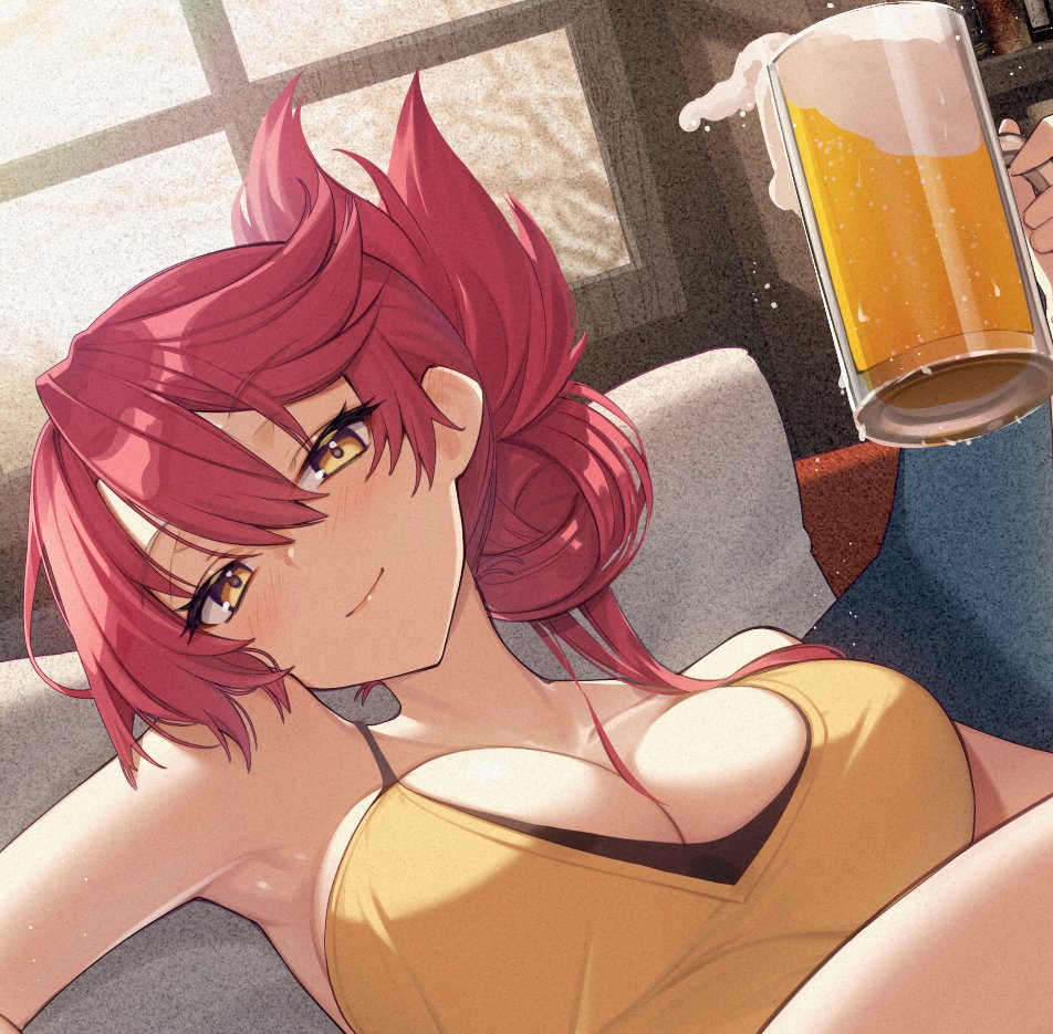 1girl alcohol beer beer_mug blush breasts cluseller couch cup eiyuu_densetsu hair_bun holding holding_cup large_breasts looking_at_viewer mug portrait redhead sara_valestein sen_no_kiseki smile solo window yellow_eyes