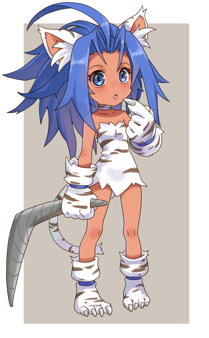 1girl alternate_color alternate_eye_color alternate_hair_color animal_ear_fluff animal_ears animal_feet animal_hands animal_print bare_shoulders blue_eyes blue_hair boomerang border cat_ears cham_cham choker claws dress holding holding_weapon katahira_masashi official_alternate_eye_color official_alternate_hair_color open_mouth player_2 samurai_spirits solo tail tiger_print weapon white_tiger_print