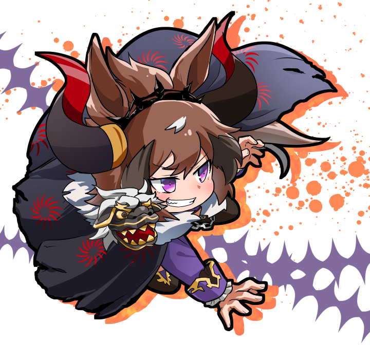 1girl 2-kuchi_kama animal_ears black_choker blush brown_hair cape chain choker claw_pose drop_shadow grin hand_puppet horns horse_ears horse_girl horse_tail long_sleeves looking_afar multicolored_hair puppet purple_skirt shinko_windy_(burst_out!_the_demon_king's_army_of_terror)_(umamusume) shinko_windy_(umamusume) short_hair skirt smile solo streaked_hair tail torn_cape torn_clothes umamusume v-shaped_eyebrows violet_eyes