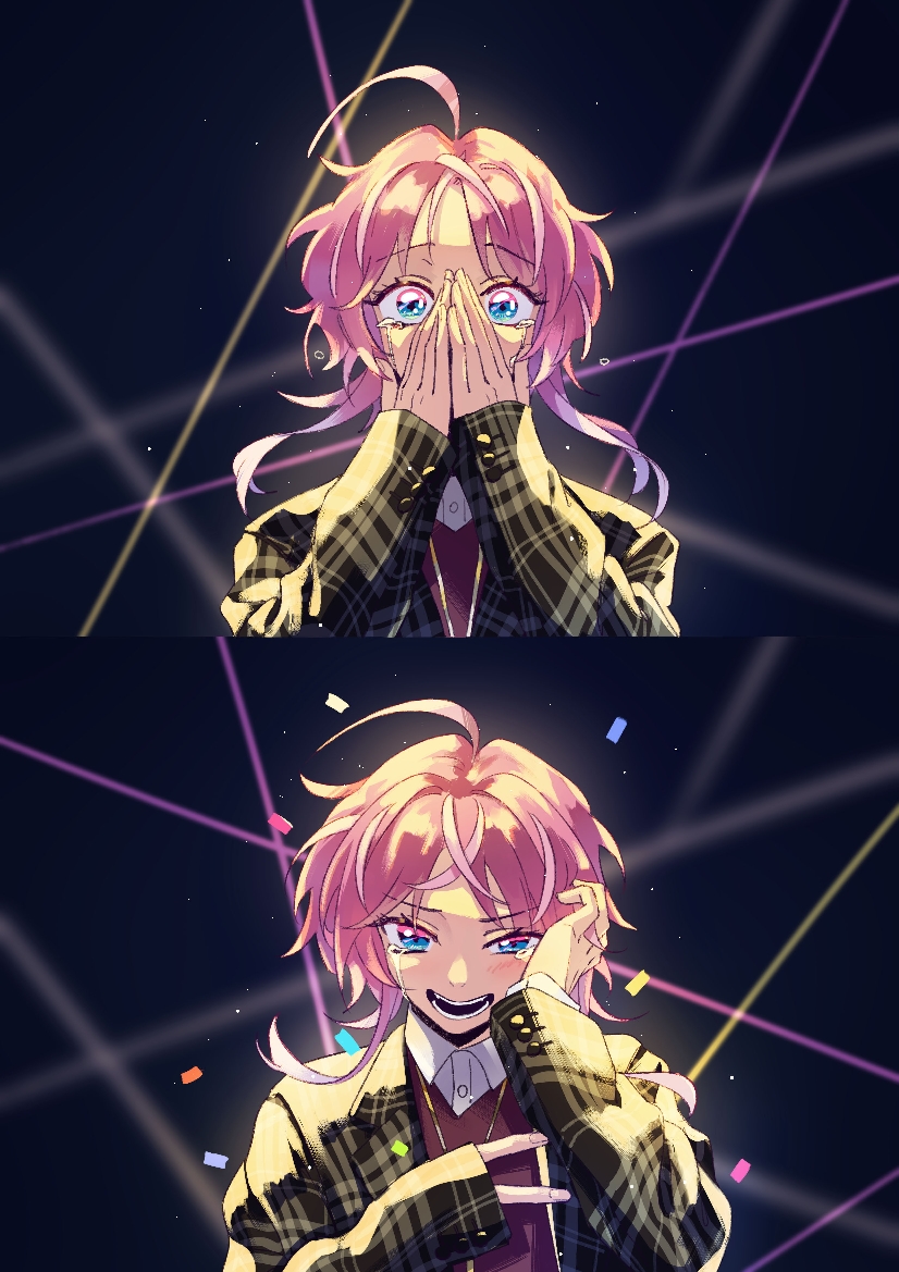 1boy ahoge amemura_ramuda androgynous blue_eyes blush collared_shirt covering_mouth crying crying_with_eyes_open hypnosis_mic jacket ku_luo_mofa_shi long_sleeves looking_at_viewer male_focus open_mouth pink_hair plaid plaid_jacket red_vest shirt short_hair smile solo tears vest white_shirt