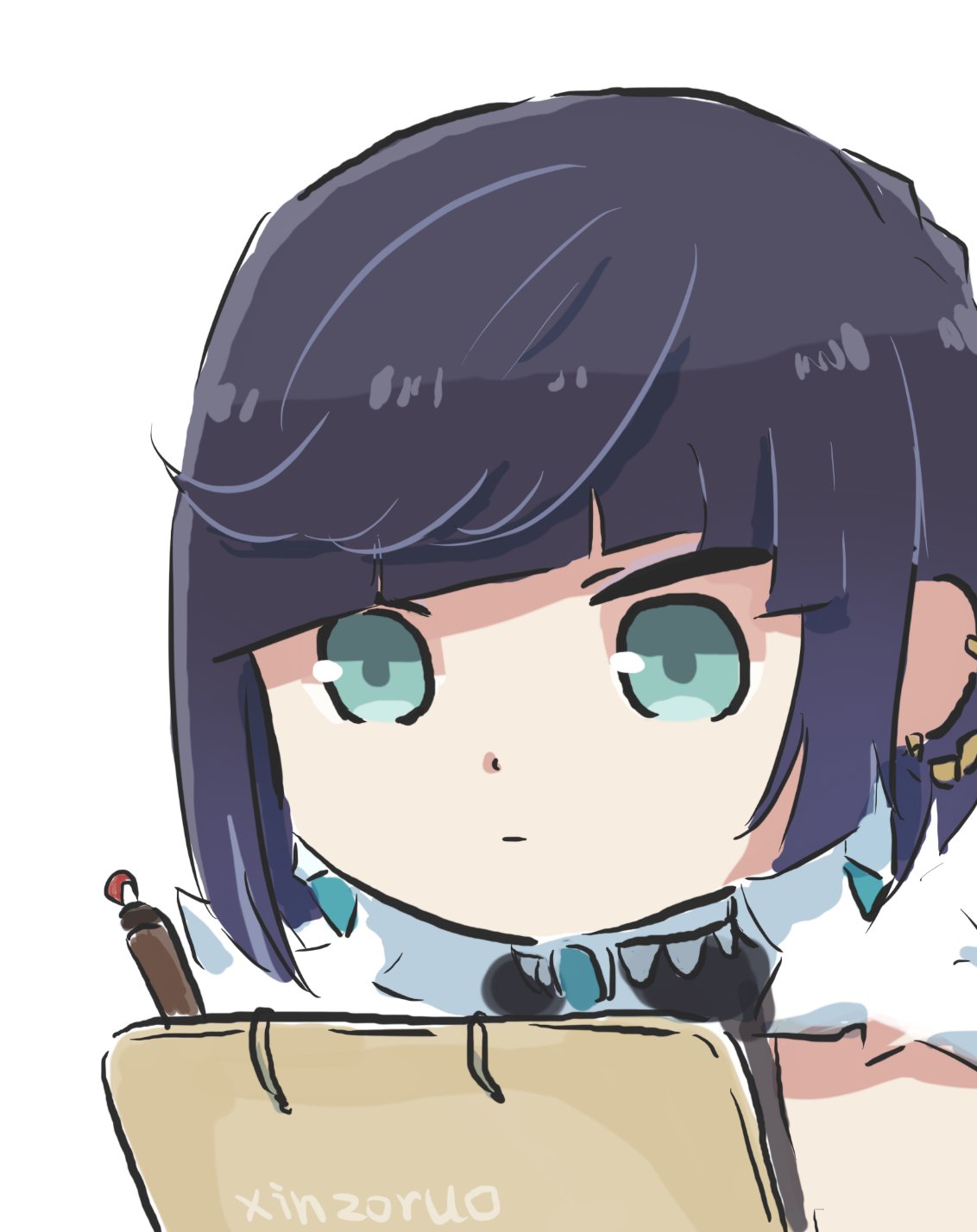 1girl artist_name bangs black_hair bob_cut chibi diagonal_bangs earrings gem genshin_impact green_eyes highres holding holding_pen holding_sketchbook jewelry looking_down pen sidelocks sketchbook solo white_background xinzoruo yelan_(genshin_impact)