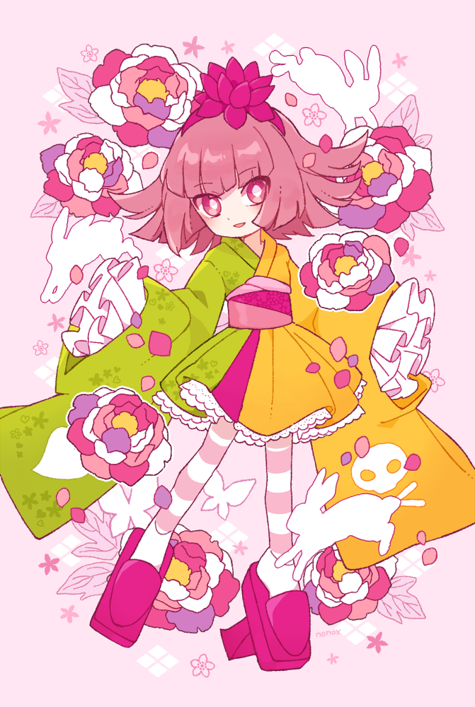 1girl bangs blush bug butterfly dot_nose falling_petals flower frilled_kimono frills geta hair_flower hair_ornament hairband japanese_clothes kanoko_(pop'n_music) kimono leaf multicolored_flower nonokusu_(no2xnox) pantyhose petals pink_background pink_footwear pop'n_music rabbit signature skull_and_crossbones sleeves_past_fingers sleeves_past_wrists solo striped striped_pantyhose two-tone_kimono