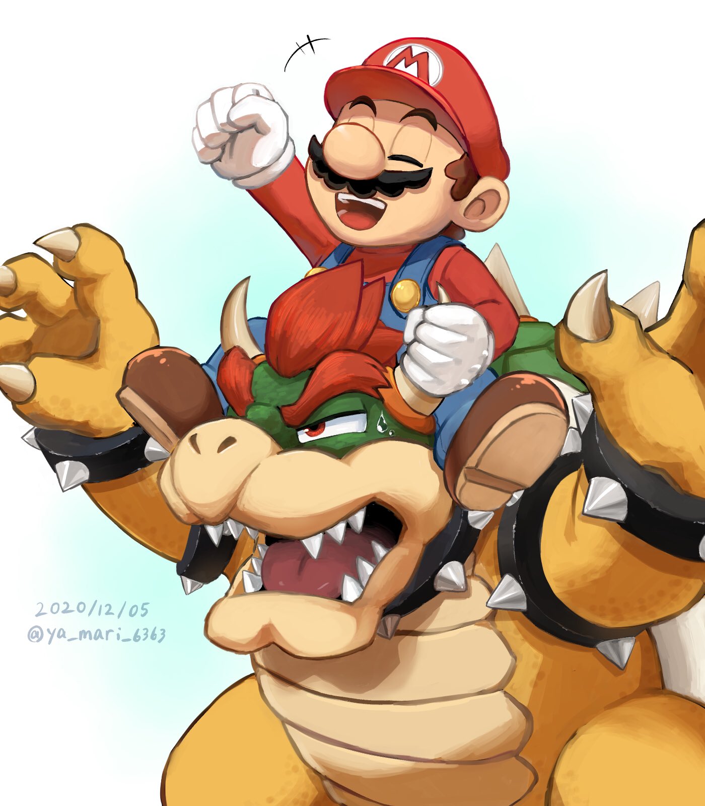 2boys blue_overalls boots bowser bracelet brown_footwear brown_hair closed_eyes collar facial_hair gloves hat highres horn_grab horns jewelry mario multiple_boys mustache open_mouth overalls red_eyes red_headwear red_shirt redhead sharp_teeth shirt simple_background spiked_bracelet spiked_collar spikes super_mario_bros. teeth upper_teeth_only white_gloves ya_mari_6363