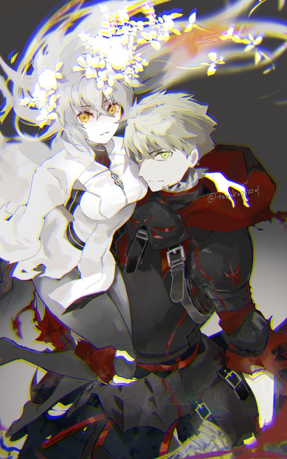 1boy 1girl alter_servant armor arthur_pendragon_(fate) arthur_pendragon_alter_(fate) artist_name bangs belt blonde_hair blurry blurry_background chaldea_logo chaldea_uniform chromatic_aberration corruption crossed_bangs dark_persona fate/grand_order fate/prototype fate/stay_night fate_(series) fingerless_gloves floating_hair flower fujimaru_ritsuka_(female) fur_collar gloves grey_hair hair_flower hair_ornament hanako_(onikutabetaiyo) highres hood hugging_another's_leg leg_up long_hair looking_at_viewer no_shoes orange_eyes pale_skin parted_lips red_gloves short_hair torn_clothes twitter_username white_flower yellow_eyes