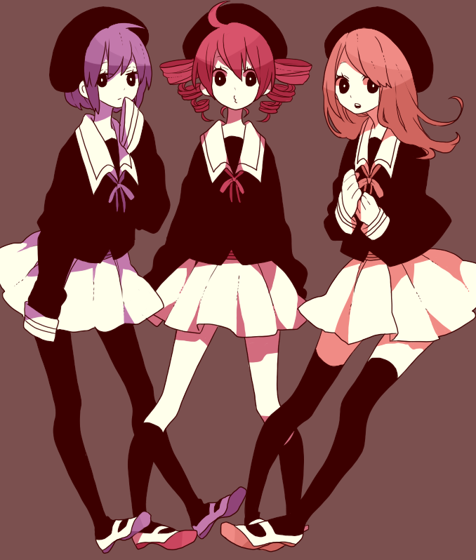 3girls ahoge arms_at_sides bangs beret black_eyes black_headwear black_pantyhose black_shirt black_socks black_thighhighs bright_pupils brown_background clenched_hands closed_mouth collared_shirt color-coded drill_hair expressionless full_body hand_to_own_mouth hat kasane_teto kneehighs long_hair long_sleeves looking_at_viewer maco22 matching_outfit momone_momo multiple_girls o3o open_mouth own_hands_together pantyhose pigeon-toed pink_hair pink_ribbon pleated_skirt purple_hair purple_ribbon red_ribbon redhead ribbon school_uniform shirt shoes short_hair simple_background skirt sleeves_past_fingers sleeves_past_wrists socks swept_bangs thigh-highs twin_drills utane_uta utau uwabaki white_pupils white_skirt