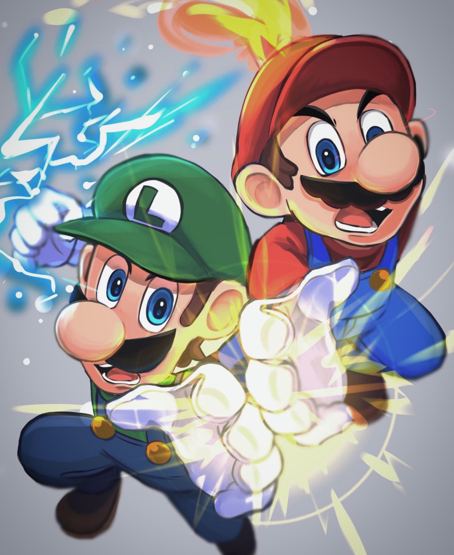 2boys blue_eyes blue_overalls brown_hair clenched_hand electricity facial_hair fire gloves green_headwear green_shirt hat highres hiyashimeso looking_at_viewer luigi mario multiple_boys mustache open_mouth overalls red_headwear red_shirt shirt simple_background super_mario_bros. teeth white_gloves