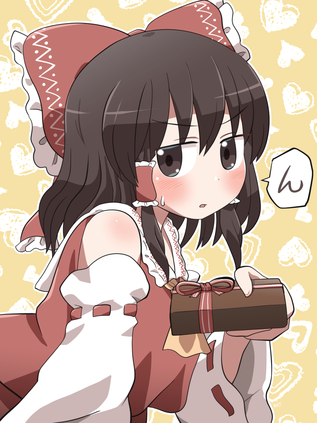 1girl ascot bare_shoulders blush bow box brown_eyes brown_hair detached_sleeves gift gift_box hair_bow hair_tubes hakurei_reimu highres holding holding_gift japanese_clothes long_hair nontraditional_miko parted_lips red_bow ribbon-trimmed_sleeves ribbon_trim rokugou_daisuke sidelocks signature solo speech_bubble touhou upper_body valentine white_sleeves wide_sleeves yellow_ascot