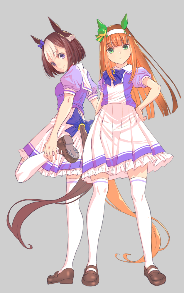 2girls animal_ears back_bow bangs black_footwear blunt_bangs bow bowtie braid brown_hair closed_mouth crown_braid ear_covers frilled_skirt frills green_eyes grey_background hairband hand_on_hip hime_cut horse_ears horse_girl horse_tail jj_(ssspulse) leg_hold leg_up light_frown loafers long_hair looking_at_viewer looking_back medium_skirt multicolored_hair multiple_girls orange_hair pleated_skirt purple_bow purple_bowtie purple_shirt sailor_collar school_uniform shirt shoes short_hair silence_suzuka_(umamusume) simple_background skirt smile special_week_(umamusume) standing tail thigh-highs tracen_school_uniform two-tone_hair umamusume violet_eyes white_hair white_hairband white_sailor_collar white_thighhighs