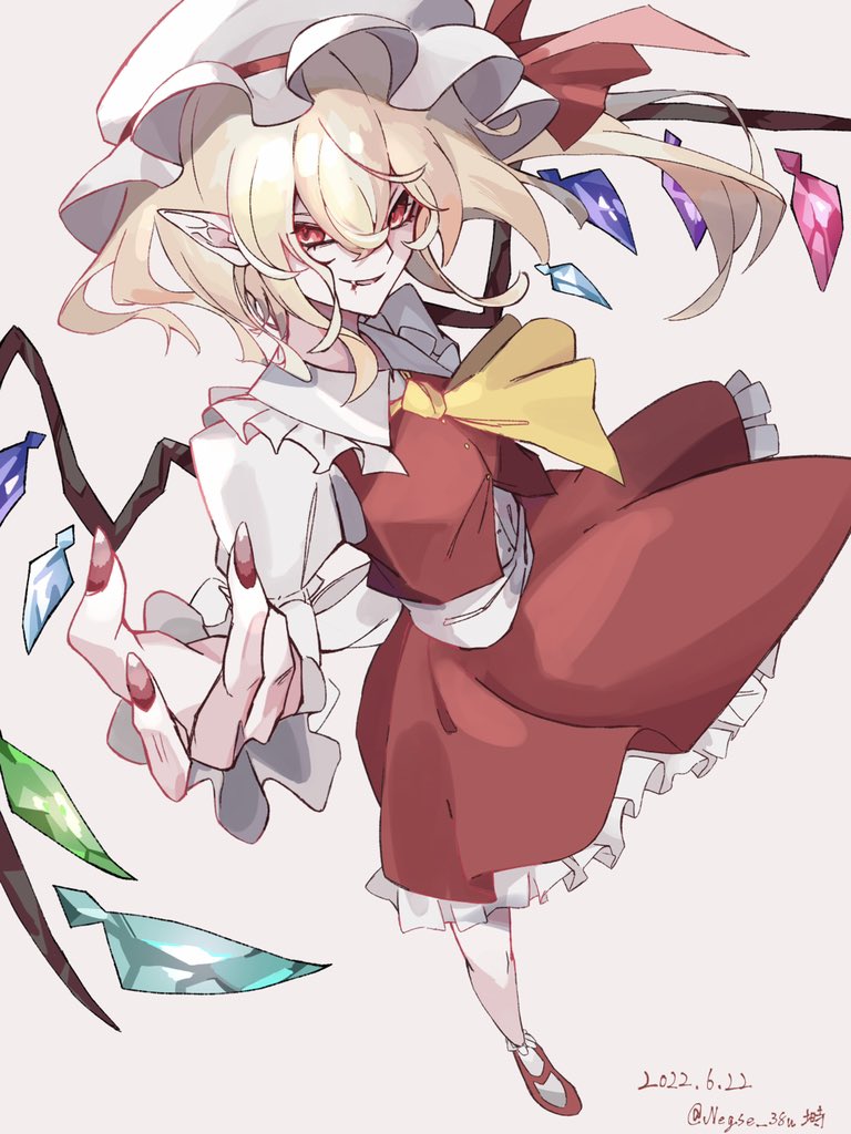 1girl ascot bangs blonde_hair blood collared_shirt commentary_request crystal dated fang flandre_scarlet flat_chest frilled_shirt_collar frilled_skirt frilled_sleeves frills full_body grey_background hair_between_eyes hat hat_ribbon long_hair long_sleeves looking_at_viewer mary_janes mob_cap negse_38u one_side_up open_mouth pointy_ears red_eyes red_footwear red_ribbon red_skirt red_vest ribbon shirt shoes simple_background skirt skirt_set smile solo standing touhou twitter_username vest white_headwear white_shirt wings yellow_ascot