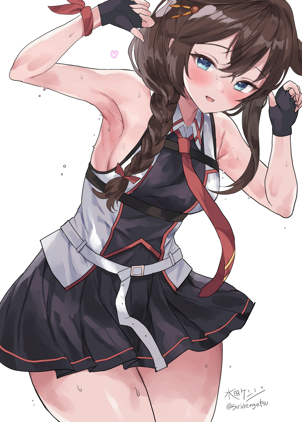 1girl ahoge armpits black_gloves black_hair black_shirt black_skirt blue_eyes braid breasts fingerless_gloves gloves hair_flaps hair_over_shoulder highres kantai_collection leaning_forward looking_at_viewer medium_breasts mizuta_kenji necktie one-hour_drawing_challenge pleated_skirt red_necktie shigure_(kancolle) shigure_kai_san_(kancolle) shirt single_braid skirt sleeveless sleeveless_shirt solo sweat two-tone_shirt