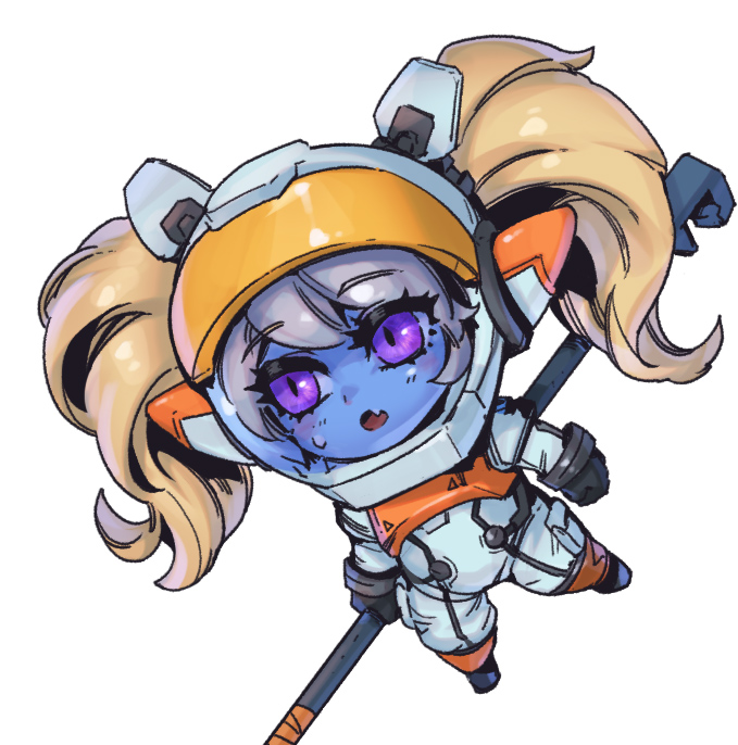 1girl :o astronaut astronaut_poppy black_gloves blonde_hair blush fang full_body gloves holding holding_weapon league_of_legends long_hair phantom_ix_row pink_eyes poppy_(league_of_legends) simple_background solo space_helmet spacesuit sweatdrop twintails weapon white_background yordle